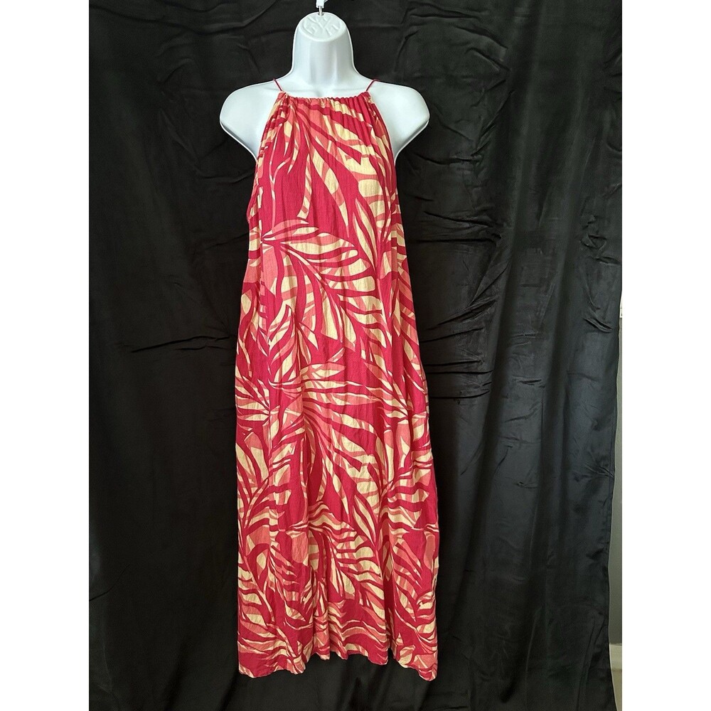 Tahari, Fuchsia Palm Print Halter Linen-Blend Maxi Dress w/Pockets Size L Summer